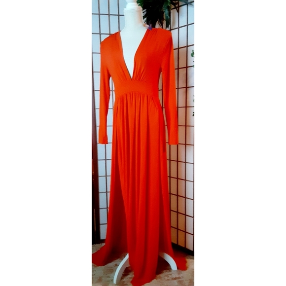 SHEIN Sexy Plunging Neck High Split Dress - Orange - Picture 7 of 16